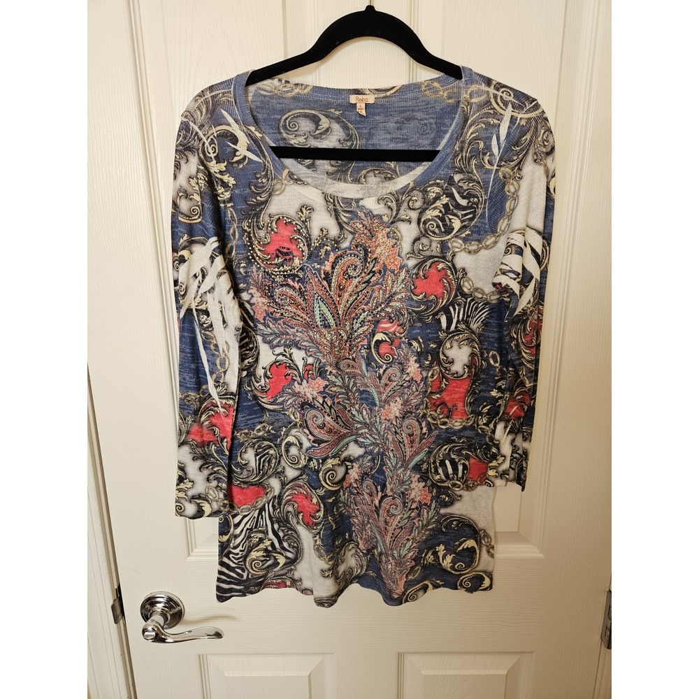 Reba 3/4 Sleeves Rhinestones Embellished Floral Round Neck Top Blouse, Sz. LG